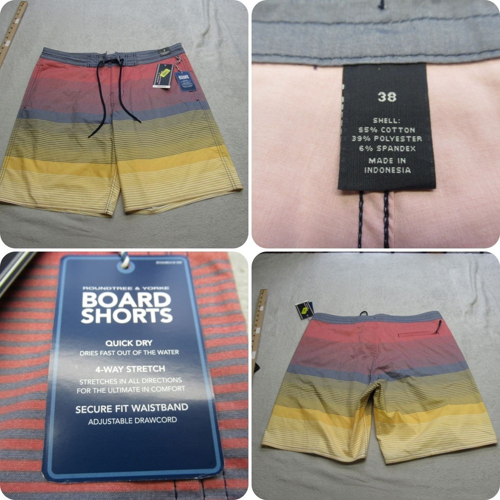 Roundtree & Yorke Board Shorts Mens 38 Yellow Blue Striped Quick Dry Stretch NEW